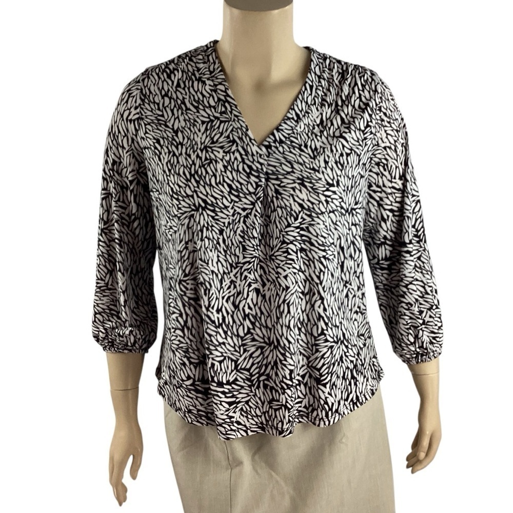 Vince Camuto Black White Abstract Print V-Neck Blouse Size L